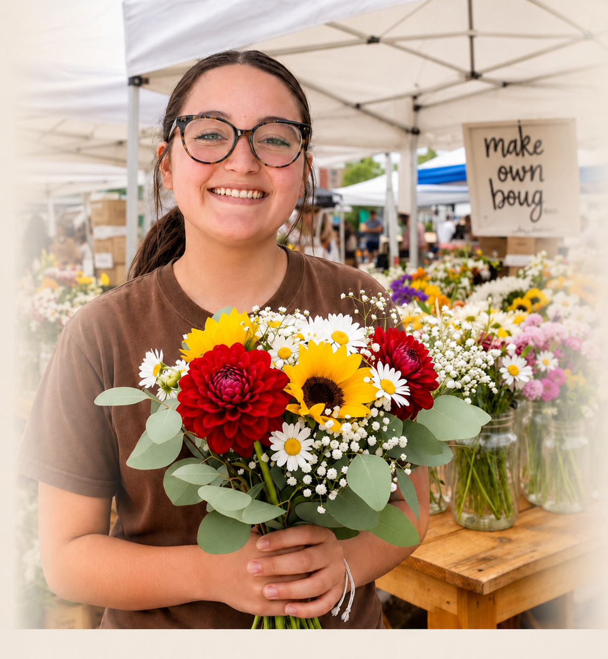 Leah at a farmers market with a fresh handmade bouquet and a make your own bouquet sign