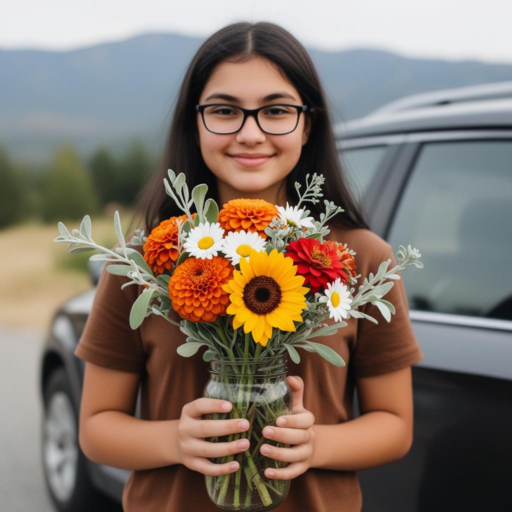 Leah holding a colorful mason jar bouquet outdoors