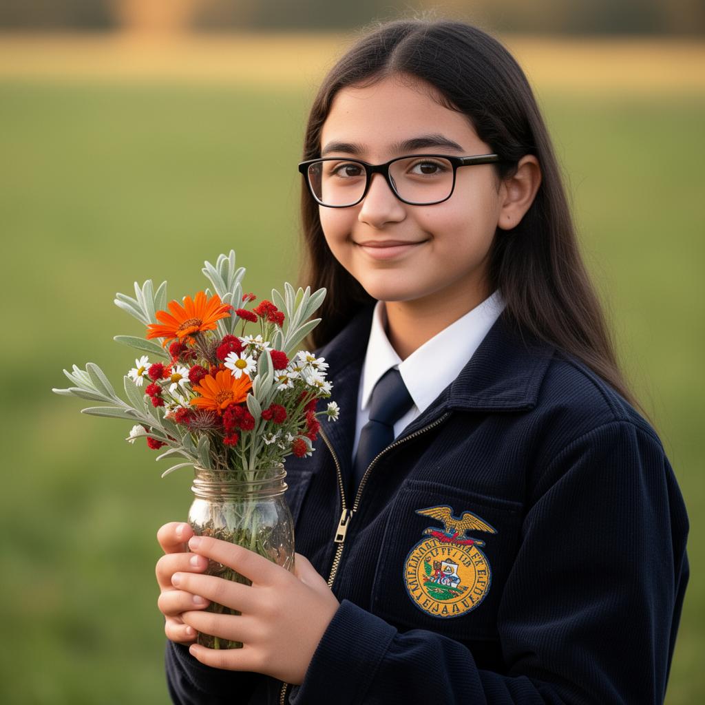 Leah in her FFA jacket holding a small bouquet