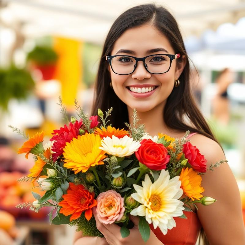 Leah holding a vibrant farmers market bouquet