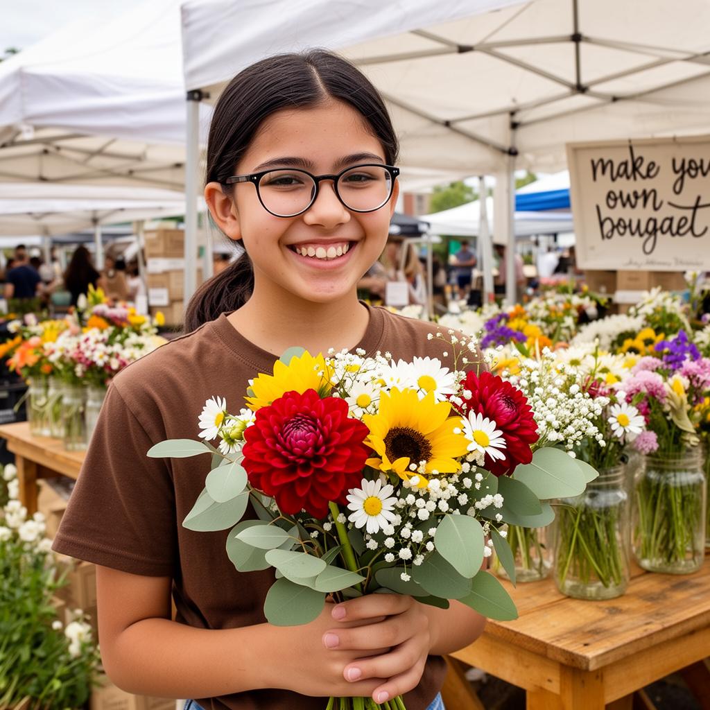 Leah holding a handmade farmers market bouquet at her booth